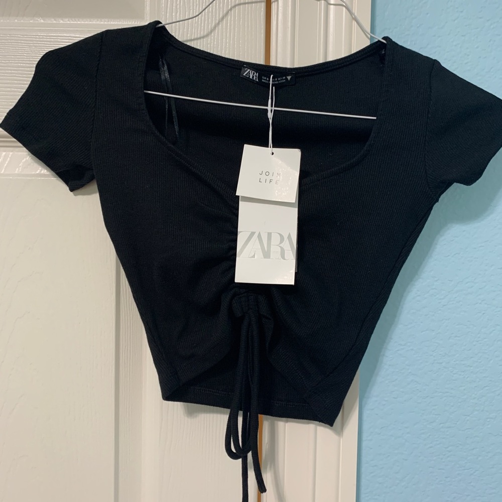 NWT Zara Cropped Ruched Tie Top Black Size S